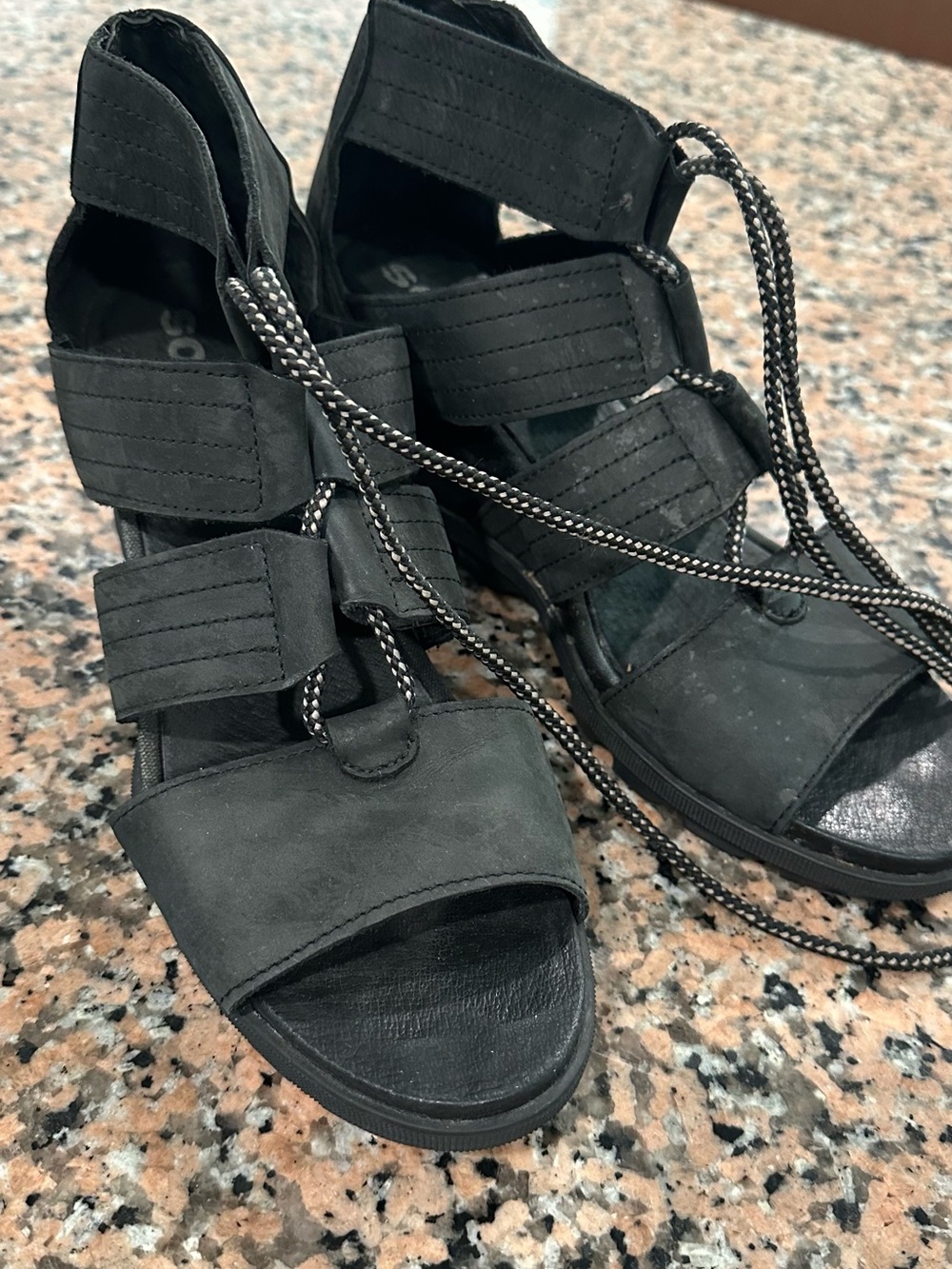 Sorel Black Lace-Up Strappy Sandals with Rope Laces